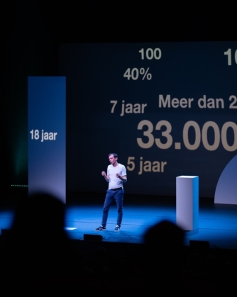 Een spreker staat op een toneel met een groot scherm achter zich waarop verschillende cijfers en woorden zoals ‘33.000’, ‘18 jaar’ en ‘65 jaar’ geprojecteerd zijn.
